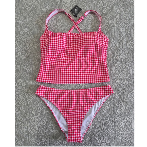 Zaful Other - ZAFUL Red White Gingham Tankini Swimsuit Two‎ Piece Set Retro Checkered New 2XL